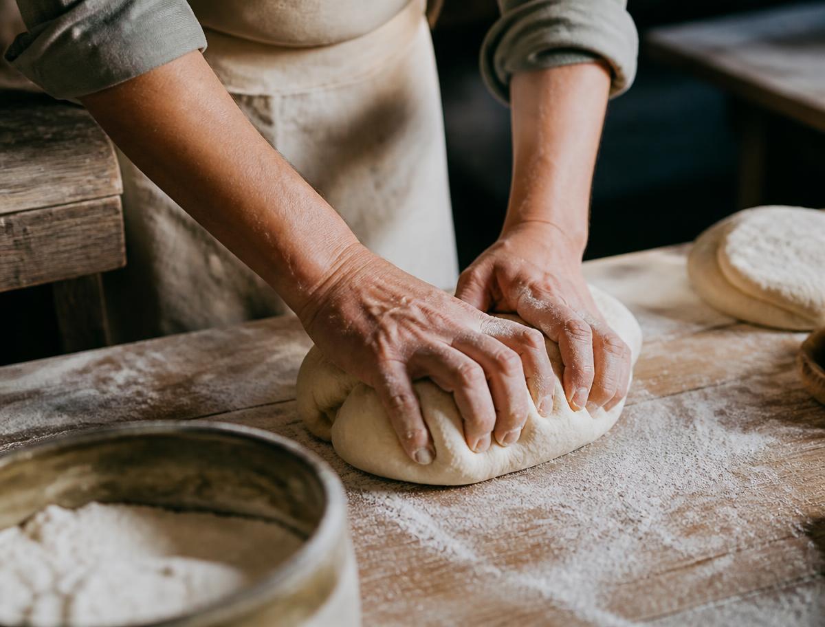 Hands working bread dough on a flour-dusted table in the Sawbriar kitchen
