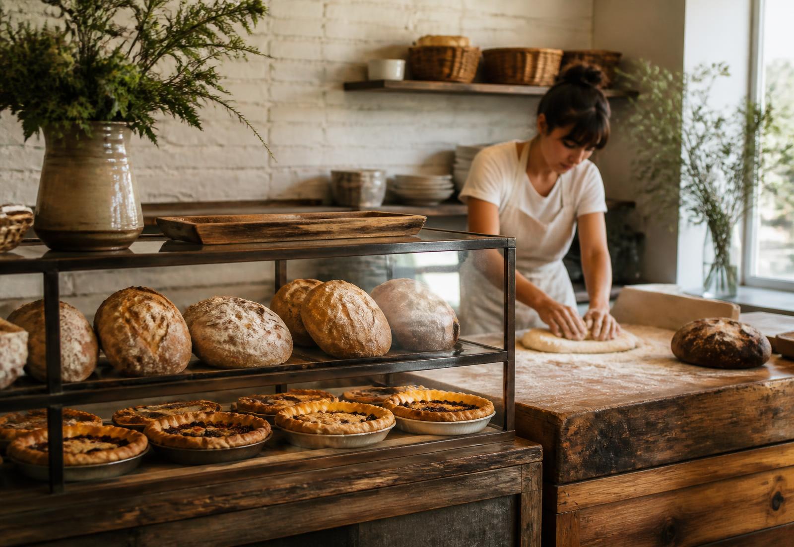 Bakery case of golden country loaves and fruit pies beside a flour-dusted wooden work table in morning light